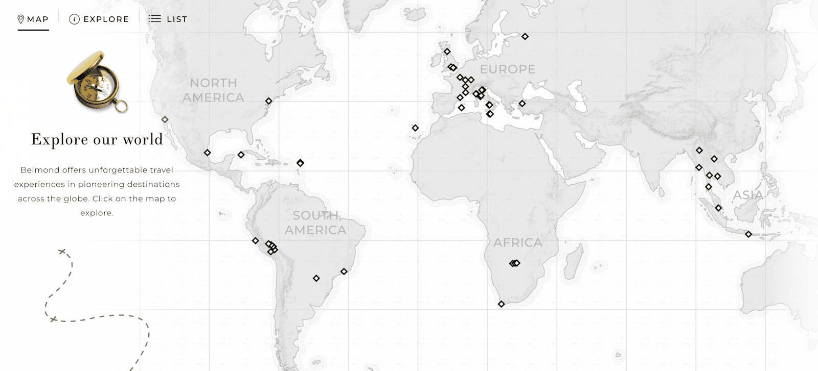 A map of global Belmond Bellini locations