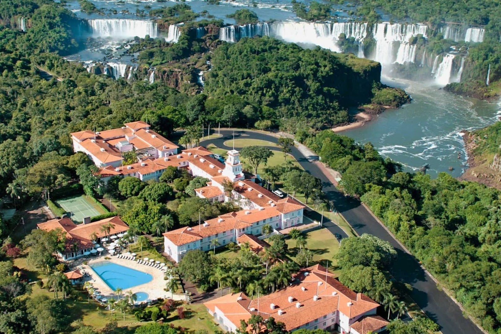 An aerial image of the Belmond Bellini at Iguasso Falls, Brazil